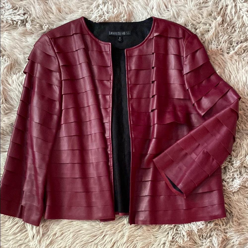 Lafayette 148 New York Red Leather Jacket with Ruffle/layered Design